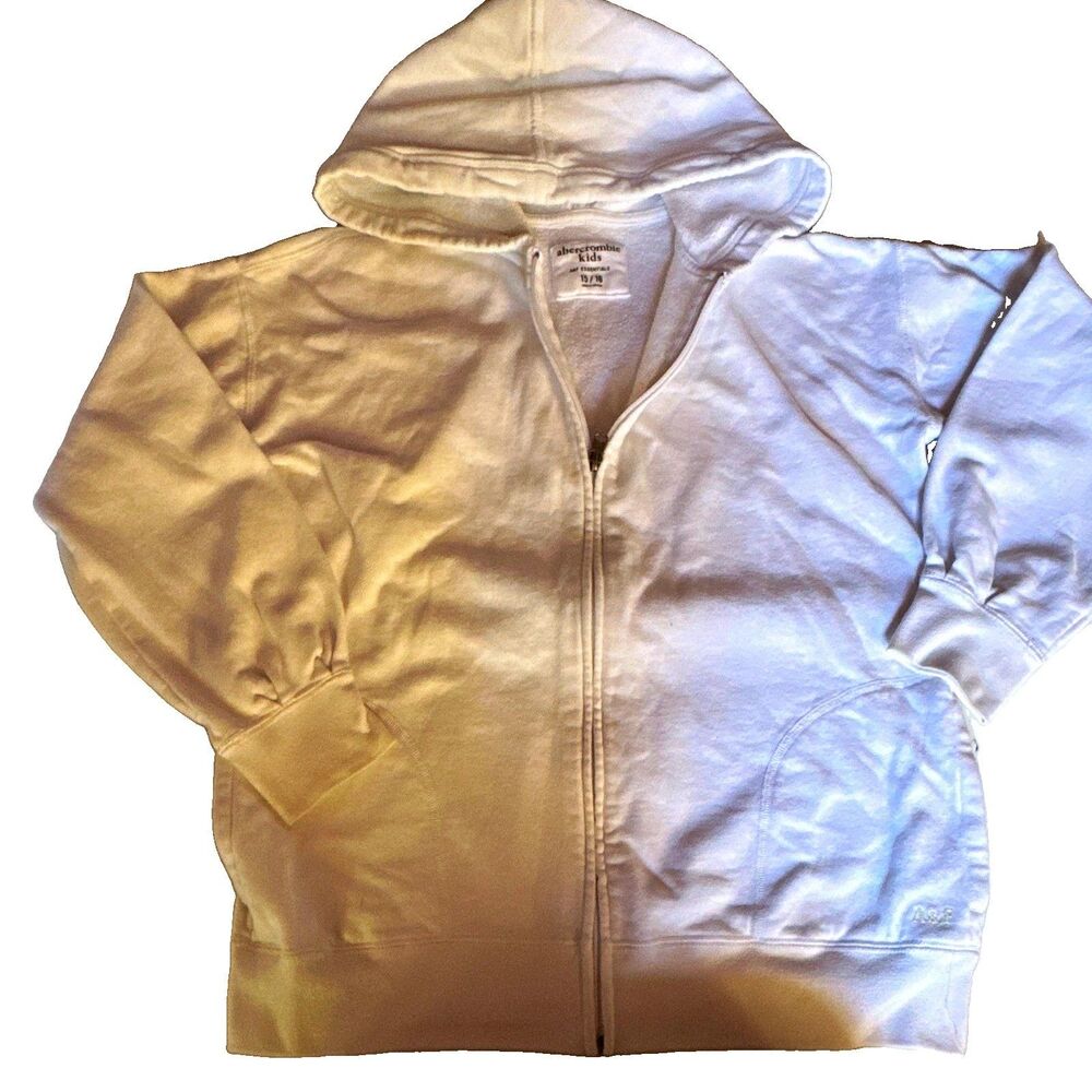 Abercrombie Kids A&F Essentials Full Zip White Hoodie Embroidered Logo 15/16